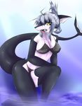  black_body black_fur breasts candy clothing female fish fur geiru_mirua hair lollipop looking_at_viewer marine open_mouth plain_background raised_tail shark solo swimsuit tongue white_body white_fur white_hair yellow_eyes 