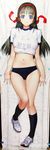  1girl black_hair blue_eyes blush buruma dakimakura female gym_uniform long_hair looking_at_viewer lying nakabayashi_reimei on_back scan smile solo 