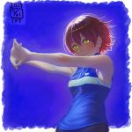  1girl bare_arms bare_shoulders blue_shirt blush brown_hair closed_mouth dated green_eyes hair_between_eyes highres ikeda_(cpt) interlocked_fingers looking_at_viewer multicolored multicolored_eyes original own_hands_together purple_background shirt short_hair smile solo stretch upper_body yellow_eyes 