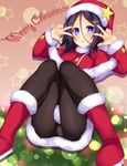  black_hair black_legwear blush boots double_v hat heterochromia looking_at_viewer nishi_minami original panties panties_under_pantyhose pantyhose purple_eyes santa_costume santa_hat short_hair solo star star-shaped_pupils suterii symbol-shaped_pupils underwear v 