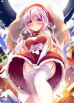  :&lt; bison_cangshu box breasts christmas dress dress_tug elbow_gloves full_moon garter_straps gift gift_box gloves hat lace lace-trimmed_thighhighs long_hair medium_breasts moon original pink_hair purple_eyes sack santa_costume santa_hat solo thighhighs upskirt white_gloves white_legwear 