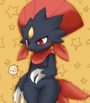  black_skin blush chipar claws female fur nintendo plain_background pok&#233;mon pok&eacute;mon red_eyes solo star video_games weavile yellow_background 