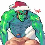  1girl abs breasts diepod eyebrows ganondorf green_eyes green_skin hat hetero large_breasts male_pubic_hair muscle nipples nude penis pubic_hair santa_hat sex sideburns solo_focus tattoo the_legend_of_zelda thick_eyebrows thighhighs triforce white_legwear 