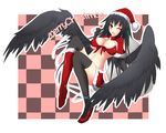  bikini_top black_hair black_legwear black_wings boots breasts christmas feathered_wings gmot hat highres large_breasts long_hair mismatched_footwear one_eye_closed red_eyes reiuji_utsuho santa_boots santa_costume santa_hat solo thighhighs touhou very_long_hair wings 