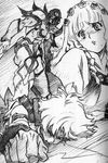  1girl 2boys abs armor bracelet braid eyes_closed flower gloves jewelry long_hair lowres monochrome multiple_boys muscle open_mouth senel_coolidge shirley_fennes short_hair tales_of_(series) tales_of_legendia vaclav_bould 