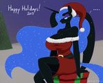  2013 angelthecatgirl anthro big_breasts black_skin blue_eyes blue_hair breasts christmas cleavage clothed clothing equine female friendship_is_magic hair hat holidays horn horse huge_breasts long_hair mammal my_little_pony nightmare_moon_(mlp) pony santa_hat solo winged_unicorn wings 