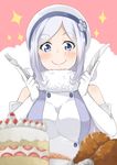  aila_jyrkiainen bare_shoulders blue_eyes blurry blush breasts cake depth_of_field elbow_gloves food fork fried_chicken fruit gloves gundam gundam_build_fighters happy hat knife large_breasts long_hair mukunoki_nanatsu silver_hair smile solo sparkle strawberry strawberry_shortcake white_gloves 