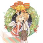  1girl angel_wings bad_id bad_pixiv_id bare_shoulders bell blonde_hair blue_eyes box brother_and_sister cheek_kiss christmas closed_eyes formalin gloves hair_ribbon hetero in_box in_container kagamine_len kagamine_rin kiss ponytail red_gloves red_skirt ribbon short_hair short_ponytail shorts siblings skirt suspenders twins vocaloid wings wreath 