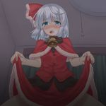  alternate_costume bad_id bad_pixiv_id bell blue_eyes blush capelet christmas hair_ribbon hairband heavy_breathing konpaku_youmu musouzuki red_capelet ribbon santa_costume short_hair silver_hair skirt skirt_hold solo touhou 