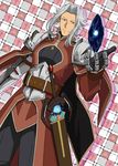  1boy alexei_dinoia armor belt cape gauntlets gloves grey_hair pants red_eyes short_hair shoulder_pads smile sword tales_of_(series) tales_of_vesperia weapon 