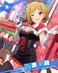  3boys :d ;d blush brown_eyes brown_hair capelet character_name christmas earrings garter_straps gloves heart heart_eyes idolmaster idolmaster_million_live! jewelry looking_at_viewer microphone momose_rio multiple_boys official_art one_eye_closed open_mouth smile snowflakes thighhighs white_gloves 