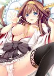  ahoge bare_shoulders bed_sheet black_legwear blush breasts brown_hair cum cum_on_body cum_on_breasts cum_on_hair cum_on_lower_body cum_on_upper_body detached_sleeves double_bun frilled_pillow frills hairband headgear japanese_clothes kantai_collection kongou_(kantai_collection) large_breasts long_hair looking_at_viewer lying natsume_eri nipples on_back open_mouth pillow skirt smile solo spread_legs thighhighs 
