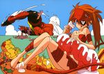  absurdres adam_(evangelion) bandages barefoot eva_02 eyepatch food highres ice_cream neon_genesis_evangelion official_art seaside shikinami_asuka_langley ship souryuu_asuka_langley sushio watercraft 