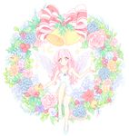  bad_id bad_pixiv_id bare_shoulders bell dress flower highres holly legs long_hair miy original pink_eyes pink_hair shoes simple_background sitting smile solo white_background wings 