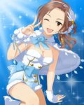 blue_background bow breasts brown_eyes brown_hair capelet cleavage earrings fur fur_collar fur_trim hair_ornament idolmaster idolmaster_cinderella_girls jewelry jpeg_artifacts kawashima_mizuki looking_at_viewer low_ponytail medium_breasts official_art one_eye_closed ponytail sleeveless smile solo sparkle winter_clothes 