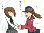  &gt;_&lt; blush bow brown_hair closed_eyes flat_chest handshake happy headband hydrangia kantai_collection light_rays multiple_girls open_mouth ryuujou_(kantai_collection) school_uniform short_hair skirt smile sunbeam sunlight taihou_(kantai_collection) translated twintails visor_cap 
