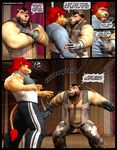  3d anthro bear beard black_hair bovine bow_tie braford bulge clothing comic dialog duo english_text facial_hair feline gloves grin hair horn justin_(braford) lion male mammal muscles pole sarge_(braford) seductive shirt_ripping shocked smile teasing text 