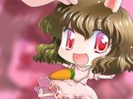  animal_ears barefoot brown_hair bunny_ears carrying chibi inaba_tewi jewelry looking_at_viewer mizuki_hitoshi necklace open_mouth outstretched_arms red_eyes smile solo touhou 