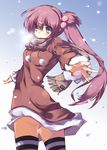  blue_eyes coat highres little_busters! long_hair purple_hair saigusa_haruka scarf side_ponytail souyoku striped striped_legwear thighhighs 