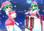  bare_shoulders blush boots breasts christmas elbow_gloves gloves green_eyes green_hair hat huge_breasts hydrant_(kasozama) kagiyama_hina kazami_yuuka multiple_girls red_eyes sack santa_costume santa_hat touhou underboob 