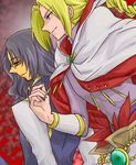  2boys beard black_hair blonde_hair bracelet braid capelet facial_hair glasses green_eyes hugo_gilchrist jewelry long_hair miktran multiple_boys purple_eyes tales_of_(series) tales_of_destiny tattoo 