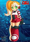  arms_behind_back bangs blonde_hair boots call_(mighty_no._9) call_e call_f flat_chest fusion green_eyes headset jadenkaiba knee_boots mighty_no._9 multicolored_hair robot side_ponytail skirt smile solo striped_sleeves two-tone_hair white_hair 
