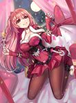  bed_sheet belt breasts brown_legwear capelet confetti curtains detached_sleeves emily_stock hair_ribbon highres large_breasts long_hair one_side_up original pantyhose parted_lips pink_hair red_eyes ribbon ririko_(zhuoyandesailaer) sack santa_costume smile solo wand window 