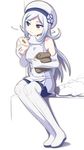  aila_jyrkiainen bag baozi bare_shoulders blue_eyes blush boots caryo dress eating elbow_gloves food gloves gundam gundam_build_fighters hat long_hair looking_away motion_lines nanashino pantyhose paper_bag shadow silver_hair simple_background sitting solo thigh_boots thighhighs white_background white_gloves 