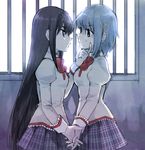  akemi_homura barred_window black_hair blue_hair chin_grab dddoochi1 eye_contact hair_ornament hairband hairclip holding_hands interlocked_fingers long_hair looking_at_another mahou_shoujo_madoka_magica miki_sayaka multiple_girls school_uniform short_hair 