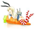  animal_ears ass bare_shoulders blonde_hair brown_eyes bunny_ears carrot fake_animal_ears full_body hair_over_one_eye kantai_collection long_hair looking_at_viewer lying nagian no_shoes on_stomach rensouhou-chan shimakaze_(kantai_collection) skirt striped striped_legwear thighhighs 