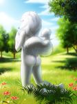  breasts butt canine female flower forest fur grass hyhlion kneeling looking_at_viewer mammal nude outside purple_eyes raised_tail side_boob sky solo tree white_fur wolf 