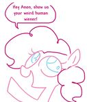  blue_eyes dialog equine friendship_is_magic fur hair horse mammal my_little_pony pink_fur pink_hair pinkie_pie_(mlp) plain_background pony solo text the_weaver white_background 