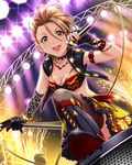  artist_request bracelet brown_hair earrings fingerless_gloves fireworks gloves green_eyes idolmaster idolmaster_cinderella_girls jewelry jpeg_artifacts kimura_natsuki microphone microphone_stand nail_polish official_art punkish_gothic short_hair solo stage stage_lights thighhighs 