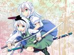  blue_eyes blush dress izayoi_sakuya katana konpaku_youmu long_hair maid nanaroku_(fortress76) short_hair sword touhou weapon white_hair 