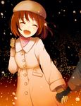  :d blush brown_gloves brown_hair closed_eyes gloves hagiwara_yukiho hat highres holding_hands idolmaster idolmaster_(classic) mmyk81 open_mouth out_of_frame smile snow solo_focus trench_coat 