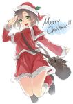  brown_hair christmas green_eyes hat looking_at_viewer nanahara_fuyuki open_mouth original salute santa_costume santa_hat short_hair simple_background solo white_background 