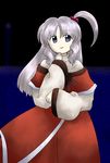  bangs blue_eyes dress hair_ornament hairclip hand_on_own_face highres long_sleeves official_style oota_jun'ya_(style) parody parted_bangs sakuragi_rian shinki side_ponytail silver_hair smile solo style_parody sweater touhou touhou_(pc-98) turtleneck wide_sleeves 