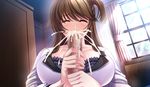  1girl atelier_kaguya blush breasts brown_hair censored cleavage cum cum_in_mouth eyes_closed fellatio huge_breasts large_penis long_hair mouthful oral overflow penis penis_hold shiny window 