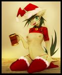  anthro beer beverage breasts christmas clothed clothing drink ear_piercing equine female foxinshadow green_eyes grey_hair hair holidays horn industrial_piercing legwear mammal nipple_piercing nipples panties partially_clothed piercing shirt shirt_lift skimpy solo stockings thong underwear unicorn zero-sum 