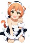  :d animal_ears bare_shoulders black_santa_costume blonde_hair boots cat_ears cat_tail collarbone dress fur_trim hat highres hoshizora_rin kemonomimi_mode looking_at_viewer love_live! love_live!_school_idol_project ogipote open_mouth paw_pose santa_costume santa_hat sitting smile snowflakes solo strapless strapless_dress tail wariza wrist_cuffs yellow_eyes 