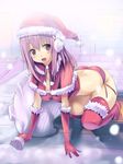  :d all_fours boots breasts christmas elbow_gloves gloves hat headphones highres large_breasts long_hair nitroplus open_mouth panties piiko_(aa_doushiyou) pink_hair red_eyes red_gloves sack santa_hat side-tie_panties smile solo super_sonico thigh_boots thighhighs underwear 