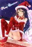  :o black_hair brown_eyes christmas elbow_gloves gloves hat highres kazeno long_hair merry_christmas original panties red_gloves sack santa_costume santa_hat skirt snowing solo striped striped_panties underwear 