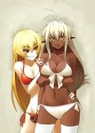  antenna_hair ashikaga_chachamaru bare_shoulders bikini blonde_hair breast_hold breasts cleavage dark_elf dark_skin elf grin highres interracial inugoya long_hair medium_breasts multiple_girls navel open_mouth pointy_ears red_bikini sansei_muramasa side-tie_bikini silver_hair smile soukou_akki_muramasa swimsuit thighhighs very_dark_skin very_long_hair white_bikini white_legwear yellow_eyes yuri 