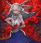  arrow arrow_in_body black_cape blade_grab bleeding blonde_hair blood bloody_clothes blue_skirt breasts cape chomoran horns ibuki_suika injury knife long_hair open_mouth red red_eyes skirt small_breasts solo stabbed standing sword teeth touhou weapon 