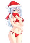  bad_id bad_pixiv_id bare_shoulders between_breasts bikini blue_eyes blue_hair blush breasts cameltoe christmas covering_mouth hand_between_breasts hat large_breasts long_hair miko_92 navel original red_scarf santa_hat scarf scarf_over_mouth shiny shiny_skin side-tie_bikini silver_hair simple_background solo strap_gap swimsuit white_background 