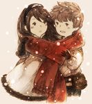  1girl agnes_oblige black_hair bravely_default:_flying_fairy bravely_default_(series) brown_hair gloves hairband long_hair maekakekamen scarf smile snow tiz_oria 