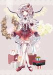  adapted_costume alternate_hair_color arm_ribbon bodice box cross crossed_legs flandre_scarlet flower frilled_skirt frills gift gift_box ginzuki_ringo hair_ornament hat hat_ribbon highres holly lace lace_border lavender_hair light_smile looking_at_viewer mary_janes mob_cap pinecone pointy_ears puffy_short_sleeves puffy_sleeves purple_background red_eyes ribbon rose shoes short_hair short_sleeves side_ponytail skirt skirt_hold snowflakes solo standing star star_hair_ornament thighhighs touhou white_legwear wings wreath zettai_ryouiki 