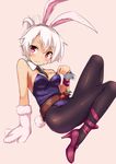  animal_ears bare_shoulders battle_bunny_riven belt black_legwear blush breasts bunny_ears bunnysuit cleavage detached_collar folded_ponytail gloves high_heels league_of_legends looking_at_viewer medium_breasts mokoke necktie pantyhose paw_gloves paws red_eyes riven_(league_of_legends) short_hair single_glove solo white_hair wrist_cuffs 