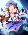  artist_request brown_hair earrings hat idolmaster idolmaster_(classic) idolmaster_million_live! jewelry long_hair minase_iori official_art one_eye_closed palace_of_dragon_(idolmaster) red_eyes 