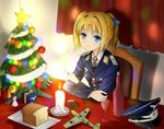  :3 alcohol bf_109 blonde_hair blue_eyes blush bow bread candle chair christmas christmas_tree cigarette cigarette_box cup curtains drinking_glass epaulettes food gift hair_bow hat indoors iron_cross long_hair looking_at_viewer luftwaffe military military_uniform model necktie original phanc plate ponytail sitting smile solo star table uniform wine wine_glass world_war_ii 